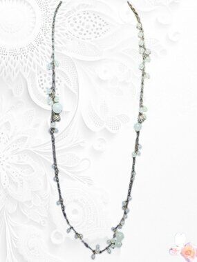 J. Crew Antique Gold Long Necklace with White Greeny Glow Accents Beads 337